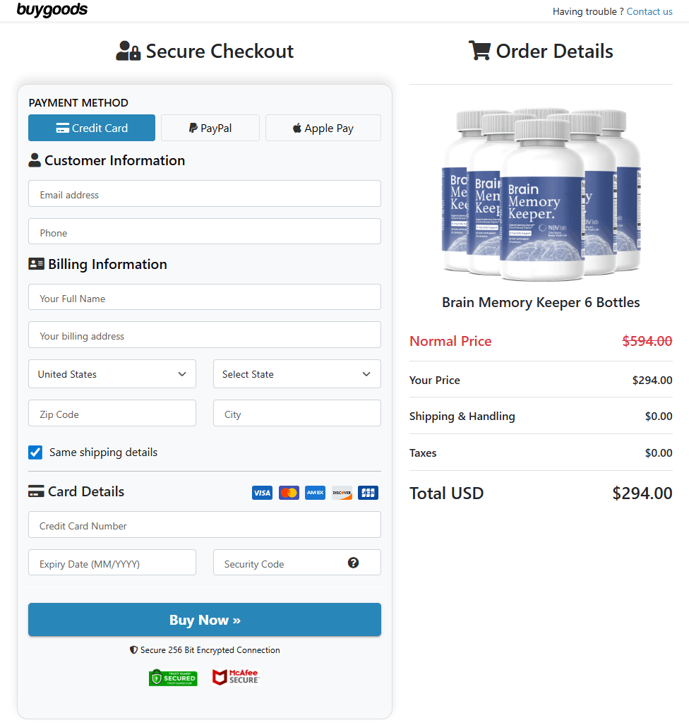 Brain Memory Keeper order page